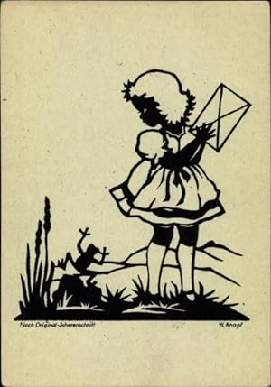 Scherenschnitt Ansichtskarte / Postkarte Knopf, W., Mädchen mit Brief, Frosch