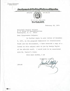 Seller image for TYPED LETTER SIGNED by the President of the Amalgamated Clothing Workers of America JACOB POTOFSKY. for sale by Blue Mountain Books & Manuscripts, Ltd.