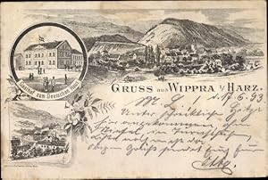 Vorläufer Litho Wippra Sangerhausen am Harz, Gasthof zum Deutschen Haus, Panorama, 1893