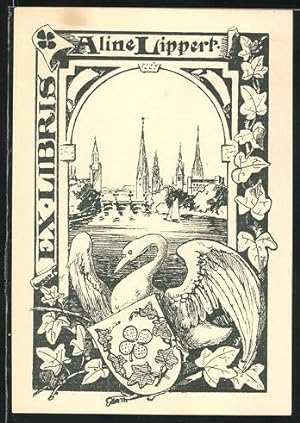 Bild des Verkufers fr Exlibris Aline Lippert, Schwan mit Wappen am Stadtrand zum Verkauf von Bartko-Reher