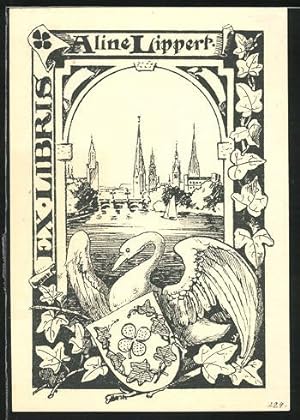 Bild des Verkufers fr Exlibris Aline Lippert, Schwan mit Wappen vor Stadtansicht zum Verkauf von Bartko-Reher
