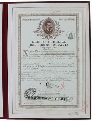 CERTIFICATO DI DEBITO PUBBLICO DEL REGNO D'ITALIA CINQUE PER CENTO (documento autentico, 1898):