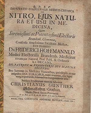 Imagen del vendedor de Medizinische Inaugural-Disputation. De Nitro, eiusque natura et usu in medicina (ber Stickstoff, seine Natur und Anwendung in der Medizin). a la venta por Wissenschaftliches Antiquariat Kln Dr. Sebastian Peters UG