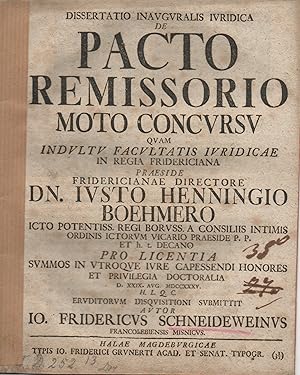 Bild des Verkufers fr Juristische Inaugural-Dissertation. De pacto remissorio moto concursu. zum Verkauf von Wissenschaftliches Antiquariat Kln Dr. Sebastian Peters UG