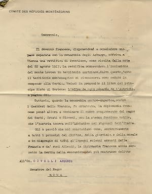 Lettera dattiloscritta, firmata, datata: Roma, 16 giugno 1921. Indirizzata al senatore del Regno ...