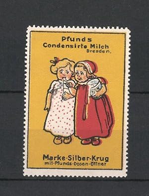 Bild des Verkufers fr Reklamemarke Pfund's Condensierte Milch, Marke Silber-Krug mit Dosenffner, zwei Mdchen mit Milchkanne zum Verkauf von Bartko-Reher