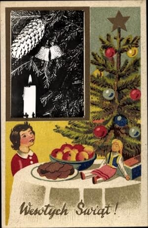 Ansichtskarte / Postkarte Glückwunsch Weihnachten, Kind betrachtet geschmückten Tannenbaum, Puppe