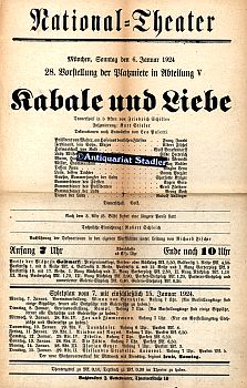 Theaterzettel für Kabale und Liebe. Trauerspiel in 5 Akten von Friedrich Schiller. München, Sonnt...