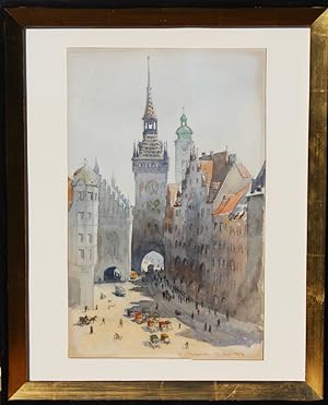 "Blick vom Marienplatz auf das Alte Rathaus in München" originales Aquarell auf Aquarellpapier ca...