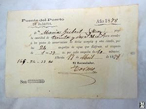 Antiguo Recibo - Old Receipt : FUENTE DEL PUERTO DE ALBAIDA. 1878
