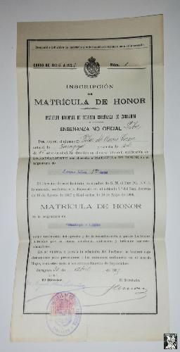 Antiguo Título de Matrícula de Honor del Instituto Nacional de Segunda Enseñanza de Zaragoza 1924