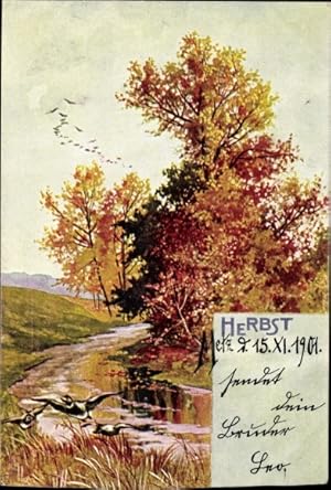 Künstler Ansichtskarte / Postkarte Allegorie, Herbst, Flusspartie, Landschaft, Enten