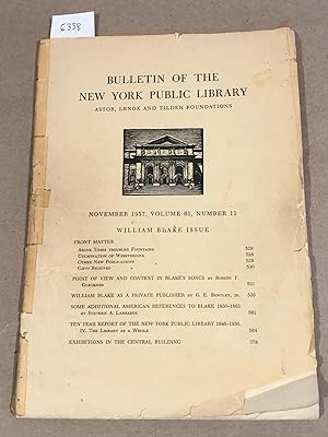 Seller image for William Blake Issue Bulletin of the New York Public Library November 1957 Vol. 61, Number 11 [signed by Larabee] for sale by Carydale Books