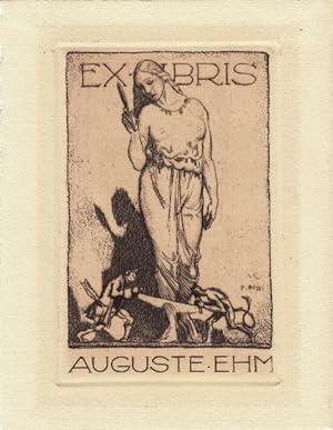 Bild des Verkufers fr Ex Libris Auguste Ehm. Stehende, sich in Handspiegel betrachtend, unten Mnnlein und kleiner Teufel, ihr Bein durchsgend. zum Verkauf von Antiquariat  Braun