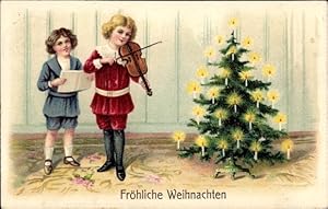 Seller image for Litho Glckwunsch Weihnachten, Tannenbaum, Kinder mit Geige und Liederbuch for sale by akpool GmbH