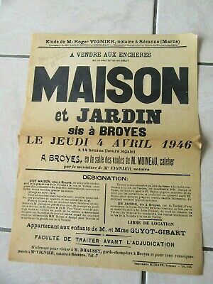 AFFICHE 1946 ENCHERES MAISON A BROYES MARNE