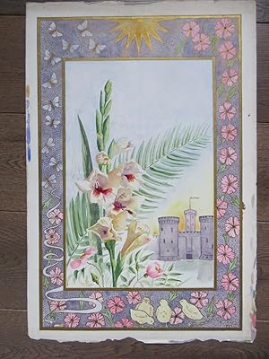 DESSIN ORIGINAL AQUARELLE ARTS DECORATIFS 1897 BEAU DECOR FLORAL GLAÏEUL CHATEAU