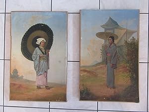 2 TABLEAUX HUILE SUR TOILE RACINET JAPON ORIGINAUX JAPAN