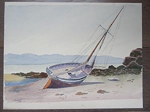 AQUARELLE ORIGINALE 1900 VOILIER A MARÉE BASSE