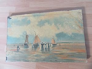 PEINTURE HUILE SUR bois 1900 signée J. THOMAS BATEAU MARINE VOILIERS PECHE