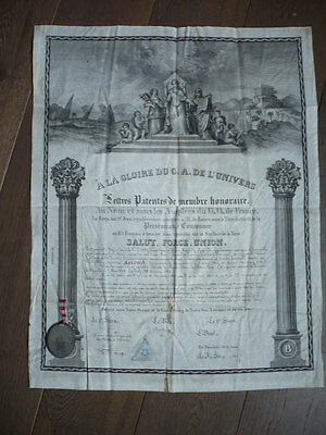 GRAND DIPLOME FRANC MACONNERIE 1853 FRANC MACON SUR VELIN