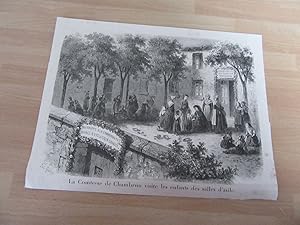 GRAVURE 1870 COMTESSE DE CHAMBRUN LOZERE VISITE ASILE