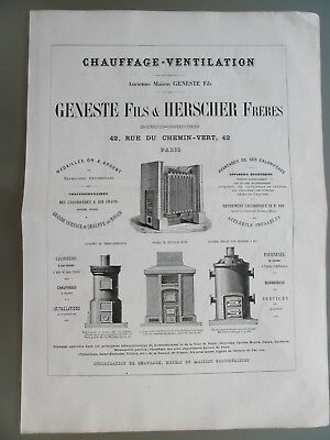 GDE PUBLICITÉ ANCIENNE 1870 PARIS GENESTE & HERSCHER RUE CHEMIN VERT CHAUFFAGE