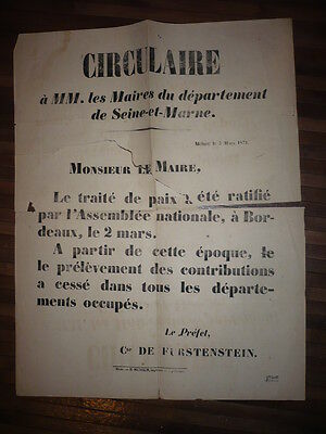 AFFICHE 1871 SEINE ET MARNE TRAITE DE PAIX RATIFIE A BORDEAUX