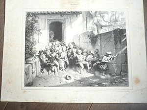 GRAVURE SALON DE 1842 SORTIE DE L'ECOLE EN TURQUIE