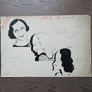 DESSIN ORIGINAL SIGNÉ 1920 DE DONGA TROIS PORTRAITS D'ACTRICES