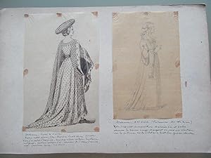 ITALIE 2 DESSINS ORIGINAUX 1900 ITALIENNE DE SIENNE COSTUME FEMME XV° S.