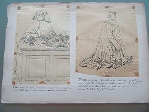 ITALIE 2 DESSINS ORIGINAUX 1900 TRESORIER AU XV°PLATINA DR BIBLIOTHEQUE VATICAN