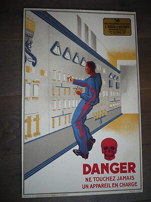 AFFICHE LITHOGRAPHIEE VERGER DELPORTE DANGERS DE L'ELECTRICITE ORIGINALE