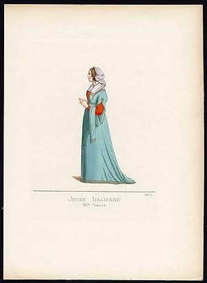 Antique Print-ITALY-WOMAN-COSTUME-14TH CENTURY-PLATE 120-Bonnard-Mercuri-1860