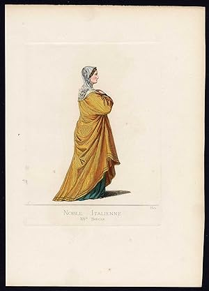 Antique Print-NOBLE WOMAN-ITALY-MIDDLE AGES-COSTUME-PL 80-Bonnard-Mercuri-1860