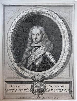 Bild des Verkufers fr [Portrait print of Koning Karel II van Spanje] CAROLUS SECUNDUS HISPANIARUM ET INDIARUM REX, 1650-1700. zum Verkauf von Antiquariaat Arine van der Steur / ILAB