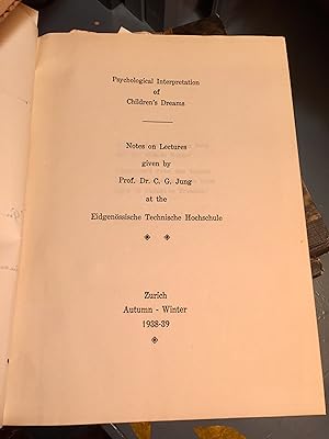 Image du vendeur pour A Chronological Order of Dreams and Visions:, 1928 to 1932. Smaller thinner typed notebook with marble blue color. No annotations by Virginia Case / Modern Psychology, Notes on the Seminar and Lecture given by Professor. Dr. C. G. Jung, Zurich, October 1933 to February 1934, preparatory note by Elizabeth Welsh and Barbara Hannah / Psychological Analysis of Nietzsches Zarathustra Part 1, Notes on the Seminar and Lecture given by Professor. Dr. C. G. Jung, Zurich,, 1934, edited by Mary Foote / Psychological Analysis of Nietzsches Zarathustra Part 2, Notes on the Seminar and Lecture given by Professor. Dr. C. G. Jung, Zurich, Autumn 1934 edited by Mary Foote / Psychological Analysis of Nietzsches Zarathustra Part 5, Notes on the Seminar and Lecture given by Professor. Dr. C. G. Jung, Zurich, Autumn 1934, edited by Mary Foote / Psychological Analysis of Nietzsches Zarathustra Part 8, Notes on the Seminar given by Professor. Dr. C. G. Jung, Zurich, Spring 1937, edited by Mary Foote / Ps mis en vente par Longhouse, Publishers & Booksellers