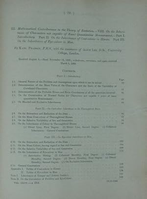 Imagen del vendedor de Mathematical Contributions to the Theory of Evolution: VIII. On the Inheritance of Characters not capable of Exact Quantitative Measurement. Part I. Introductory. Part II. On the Inheritance of Coat-colour in Horses. Part III. On the Inheritance of Eye-colour in Man. a la venta por Mark Westwood Books PBFA