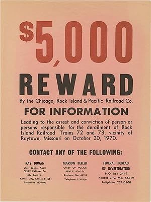 Archive of 32 photographs and a reward poster for a train accident in Raytown, Missouri, 1970