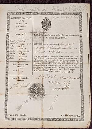PASE PARA VIAJAR DE SANT JULIA DE RAMIS, FIRMA DEL ALCALDE SEBASTIA JULIA 1847