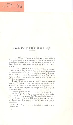 Image du vendeur pour ALGUNAS NOTAS SOBRE LA PRUEBA DE LA SANGRE (JUICIO DE LA SANGRE O JUICIO DE DIOS) mis en vente par Libreria 7 Soles