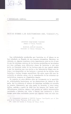 Immagine del venditore per NOTAS SOBRE LAS BACTERIOSIS DEL TABACO venduto da Libreria 7 Soles