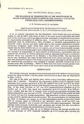 Imagen del vendedor de The influence of temperature on the growth rate of Bulinus (Bulinus) tropicus (Krauss) and Lymnaea natalensis Krauss (Mollusca: Basommatophora) a la venta por ConchBooks