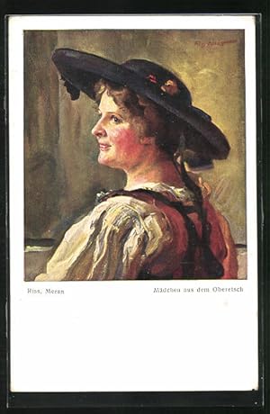 Bild des Verkufers fr Knstler-Ansichtskarte Thomas Riss: Mdchen aus dem Oberetsch mit schnen Hut zum Verkauf von Bartko-Reher