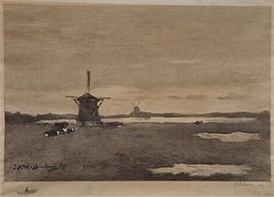 "Holländische Landschaft mit Kühen und Windmühlen" originale Radierung von Carel Lodewijk Dake (1...