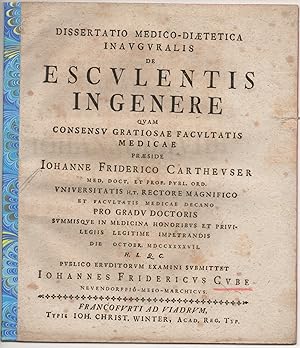 Image du vendeur pour Medizinische Inaugural-Dissertation. De esculentis in genere. mis en vente par Wissenschaftliches Antiquariat Kln Dr. Sebastian Peters UG