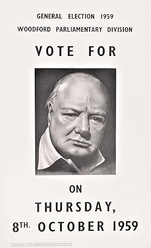 An original 1959 campaign poster from Winston S. Churchill's Woodford constituency featuring Chur...