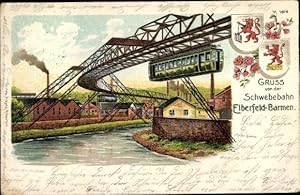 Wappen Litho Wuppertal in Nordrhein Westfalen, Schwebebahn Elberfeld Barnem