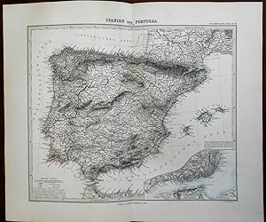 Iberian Peninsula Spain & Portugal Balearic Islands 1875 Stieler detailed map