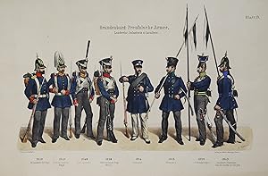 Landwehr: Infanterie u. Cavallerie. 8 Soldaten in Uniformen auf einem Blatt.